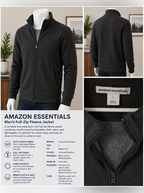 Fleece Jacket-Amazon Essentials Charcoal Heather Full‑Zip